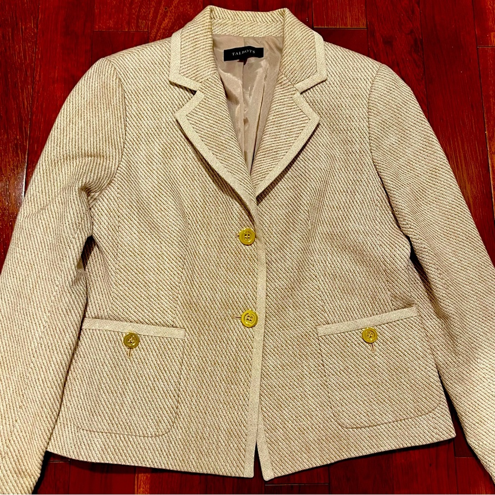 Talbots Women's Beige Blazer, Metallic Gold Thread, Gold Buttons, Size 10